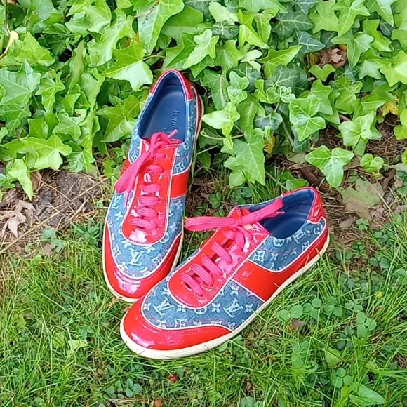 Vintage Louis Vuitton Denim and Red Patent Leather sneakers size 39/8.5 - Picture 1 of 13